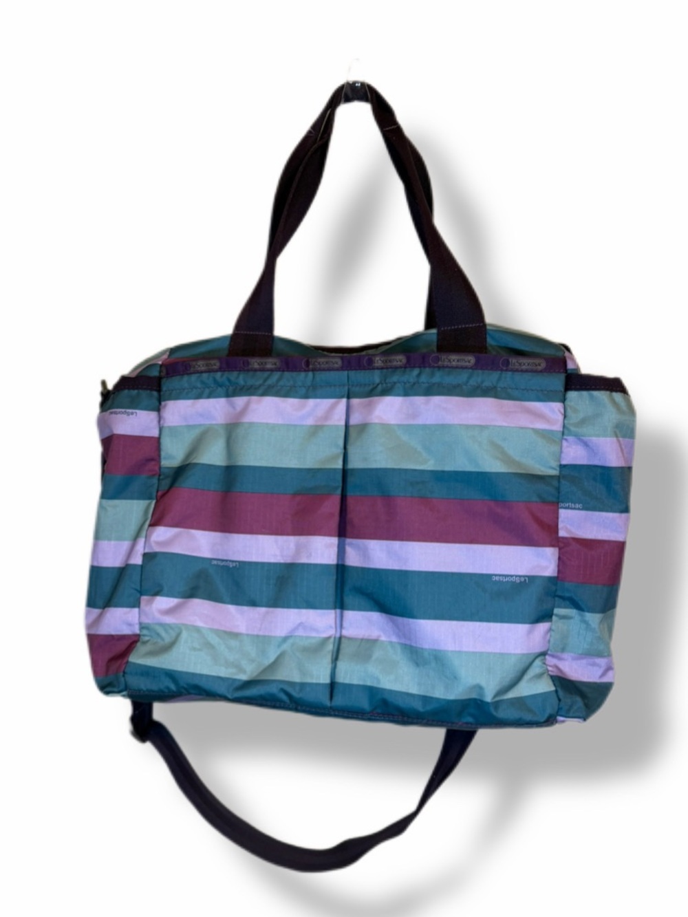 LeSportsac Striped Travel Tote Crossbody Bag Teal Purple Burgundy Nylon